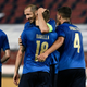 Nicolo Barella’s teammates congratulate him after a goal Friday against the Czech Republic.